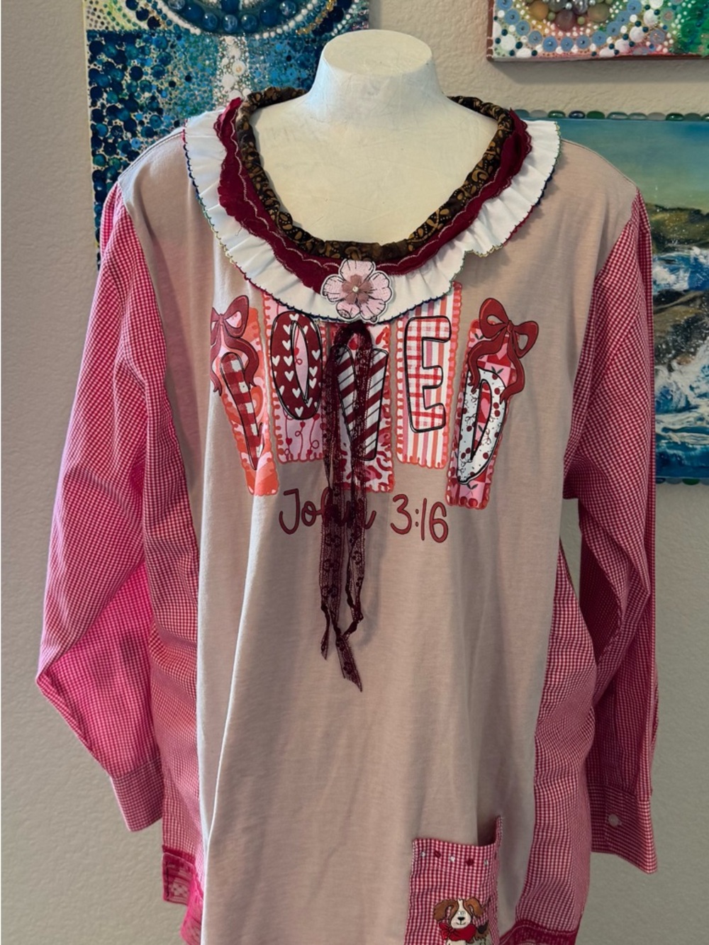 Pink 'Loved' Long-Sleeve Graphic Tee with Ruffle Collar